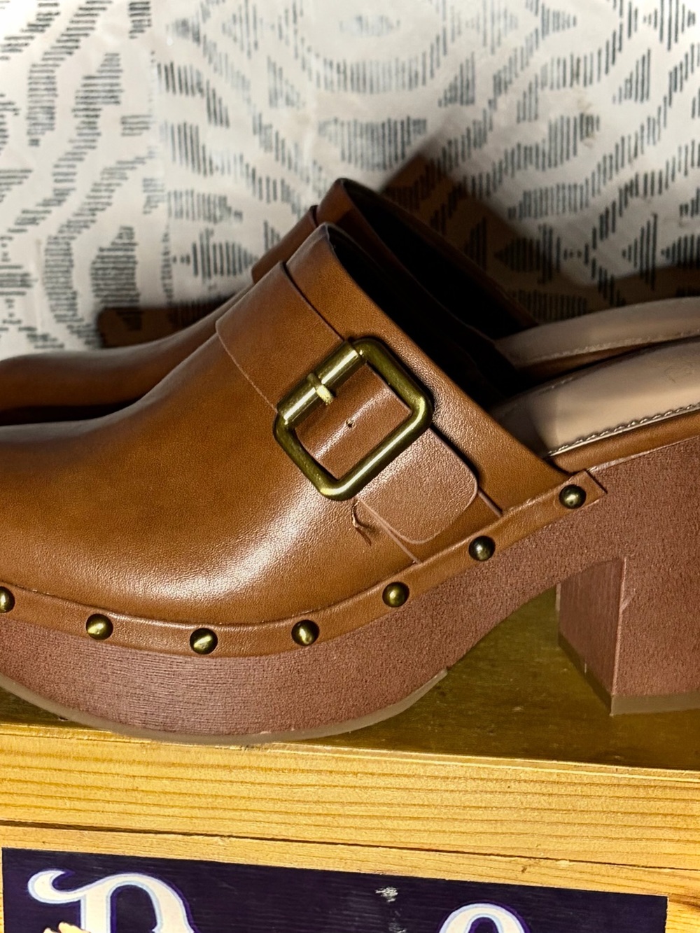 Time and Tru Brown Clog Mules with Buckle Detail